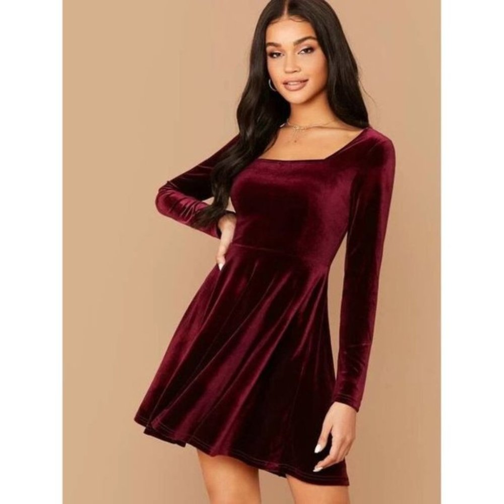 New SHEIN Belle Square Neck Flared Velvet Dress Burgundy XS 2